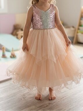 American Princess Pink and Silver Sequin Peach Tulle Party Dress Girls 6X-7